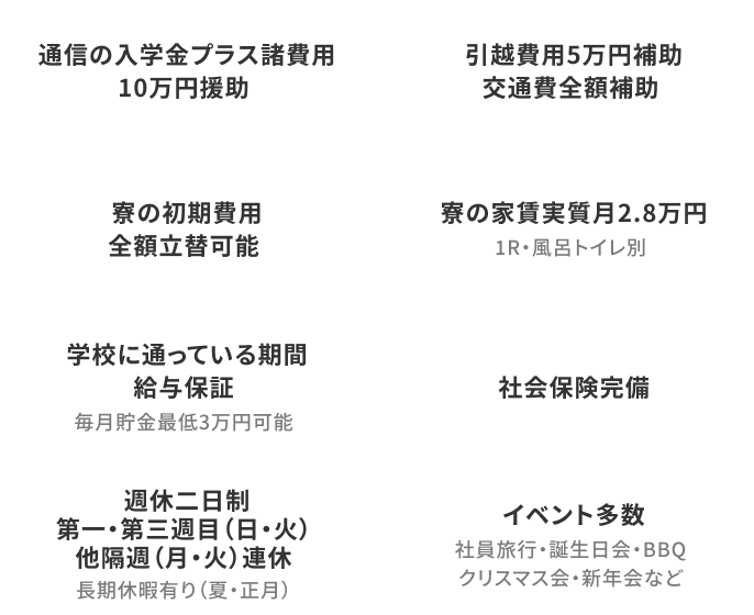 通信の入学金プラス諸費用10万円援助 引越費用5万円補助交通費全額補助 寮の初期費用全額立替可能 寮の家賃実質月2.8万円 1R・風呂トイレ別 学校に通っている期間給与保証 毎月貯金最低3万円可能 社会保険完備 週休二日制（月・火）連休 長期休暇有り（夏・正月） イベント多数 社員旅行・誕生日会・BBQクリスマス会・新年会など